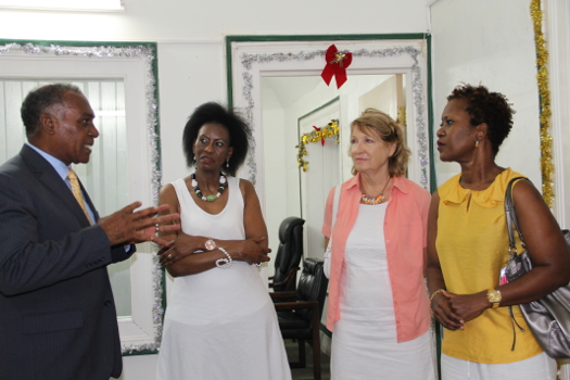 Premier of Nevis Hon. Vance Amory with St. Kitts and Nevis Resident Ambassador to the Republic of China (Taiwan) Her Excellency Jasmin Huggins (extreme right) and her friends Ambassador of the Kingdom of Swaziland to Switzerland Her Excellency Njabuliso Gwebu (second from left) and businesswoman Ms. Maria Rybicka to Nevis at the Nevis Island Administration Building at Bath Hotel on December 31, 2015